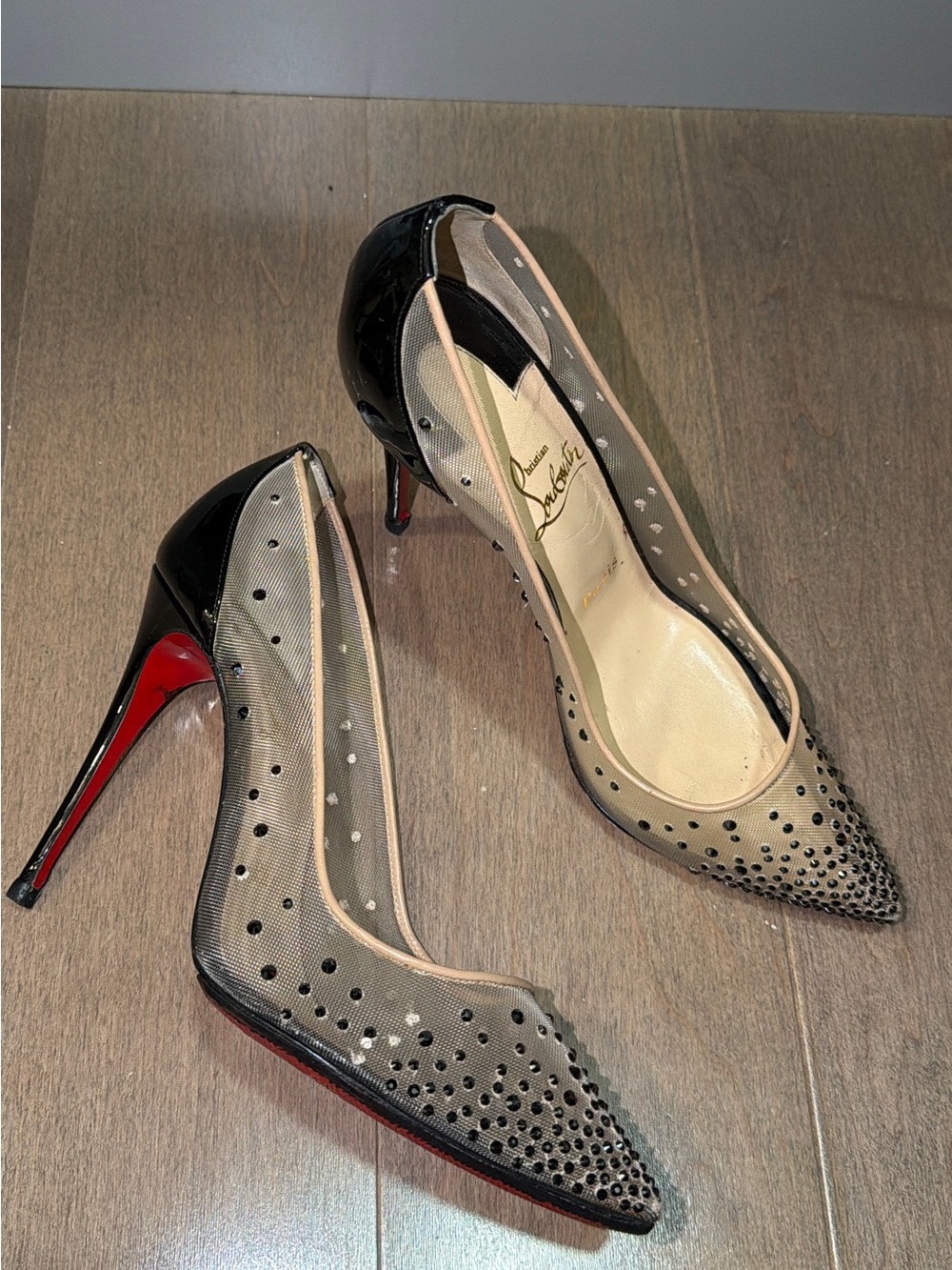 Christian Louboutin Black Patent & Nude Mesh Crystal Pointed-Toe Pumps